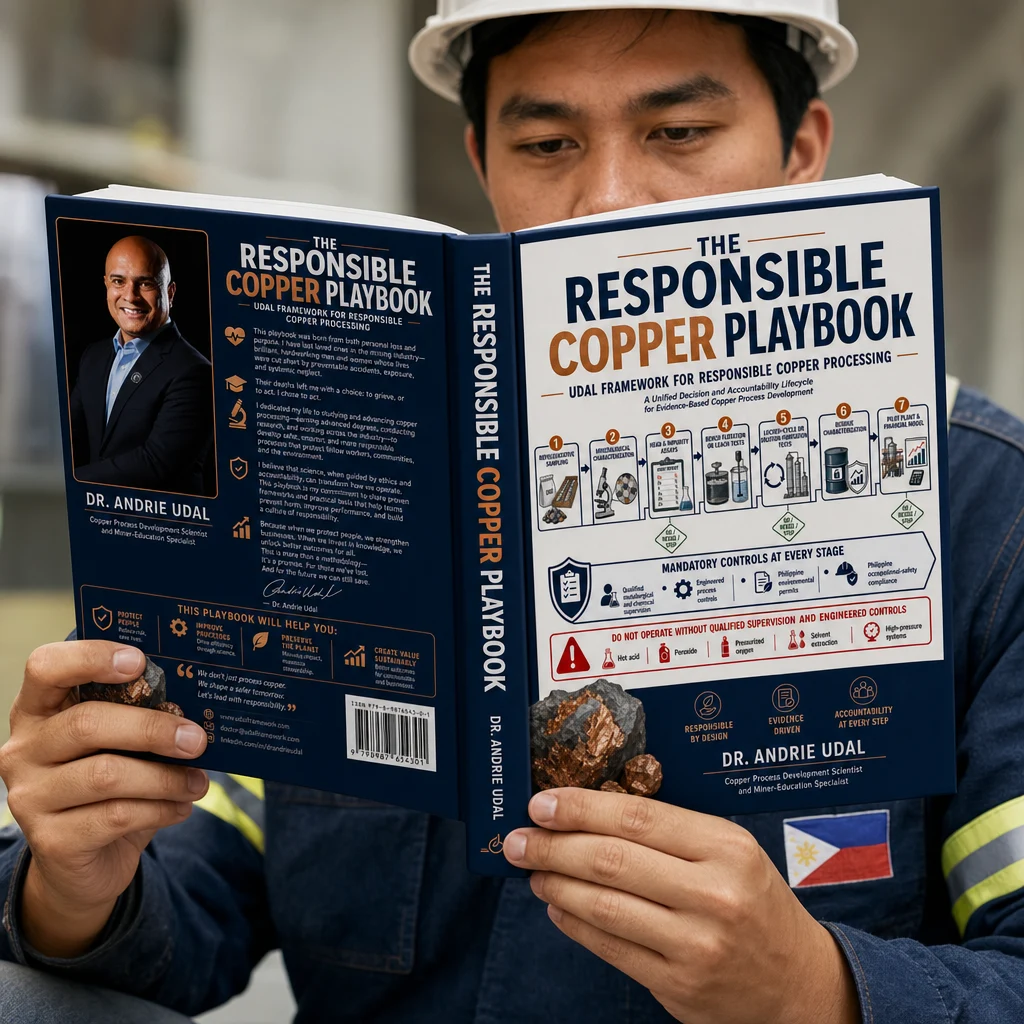 A Philippine mining professional reading The Responsible Copper Playbook by Dr. Andrie Udal