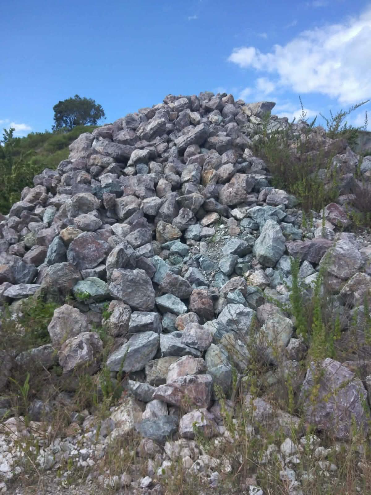 A large surface stockpile of mineral-bearing rock documented during source review